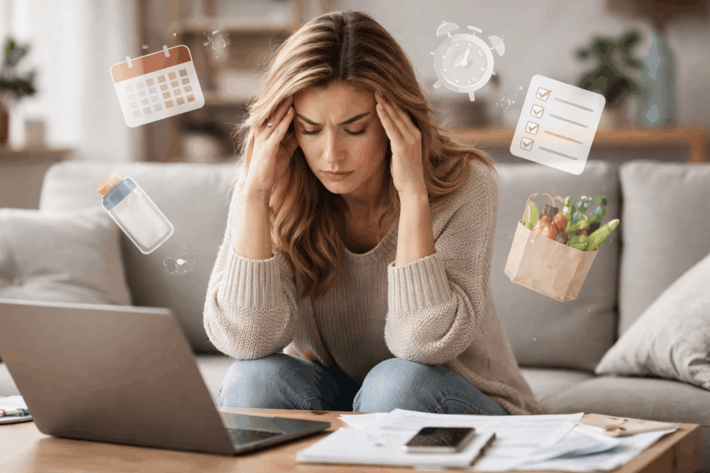 Erschöpfte Mutter mit Kopfschmerzen sitzt mit Laptop und To-do-Listen auf dem Sofa – Symbolbild für Mental Load, unsichtbaren Stress und dauerhafte mentale Überlastung im Alltag.