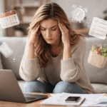 Mental Load: Warum du ständig müde bist, obwohl du „nur denkst“ Erschöpfte Mutter mit Kopfschmerzen sitzt mit Laptop und To-do-Listen auf dem Sofa – Symbolbild für Mental Load, unsichtbaren Stress und dauerhafte mentale Überlastung im Alltag.