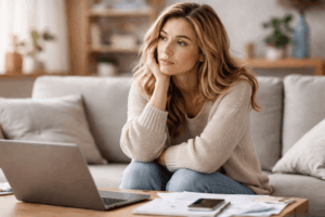 Nachdenkliche erschöpfte Mutter sitzt mit Laptop und Papieren auf dem Sofa – Symbolbild für Mental Load, mentale Überlastung und unsichtbaren Stress im Alltag.