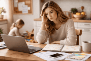 Erschöpfte Mutter sitzt mit Laptop und Kalender am Küchentisch, während ihr Kind im Hintergrund spielt – Symbolbild für Mental Load bei Müttern und mentale Dauerbelastung im Familienalltag.