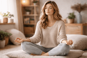 Frau meditiert entspannt im Wohnzimmer im Schneidersitz – Symbolbild für Mental Load reduzieren, Stress abbauen und Nervensystem beruhigen durch Meditation.