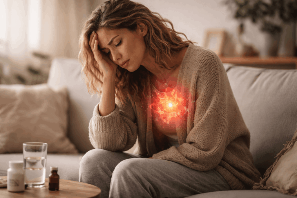 Frau mit Erschöpfung sitzt auf Sofa und hält sich den Kopf, leuchtender Bereich im Brustraum symbolisiert stille Entzündungen im Körper, chronische Müdigkeit und inneren Stress