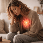 Frau mit Erschöpfung sitzt auf Sofa und hält sich den Kopf, leuchtender Bereich im Brustraum symbolisiert stille Entzündungen im Körper, chronische Müdigkeit und inneren Stress