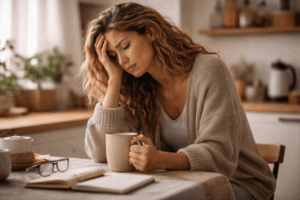 Erschöpfte Frau sitzt morgens mit Kaffeetasse am Küchentisch und hält sich müde den Kopf, Symbolbild für stille Entzündungen, chronische Müdigkeit und anhaltende Erschöpfung