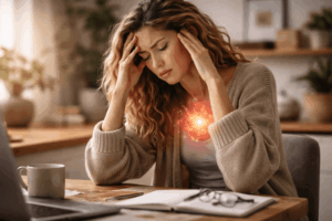 Gestresste Frau sitzt am Schreibtisch und hält sich den Kopf, leuchtender Bereich im Brustraum symbolisiert stille Entzündungen durch Stress und erhöhtes Cortisol