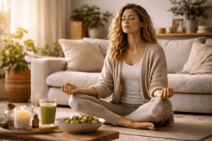 Frau meditiert im Wohnzimmer mit gesunder Ernährung und Kerze, Symbolbild für stille Entzündungen reduzieren, Stress abbauen, Cortisol senken und Immunsystem stärken