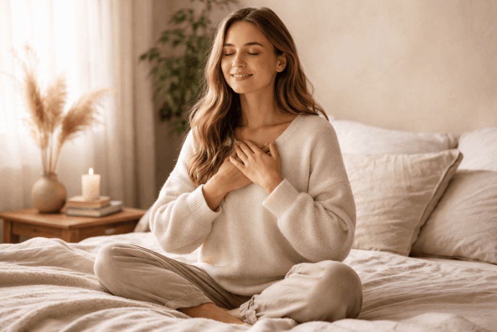 Frau sitzt entspannt im Bett mit geschlossenen Augen und Händen auf dem Herzen, ruhige Morgenroutine zum Nervensystem beruhigen in warmem Licht