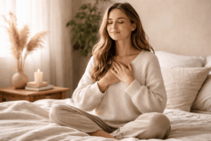 Frau sitzt entspannt im Bett mit geschlossenen Augen und Händen auf dem Herzen, achtsame Morgenroutine zum Nervensystem beruhigen bei Stress und innerer Unruhe