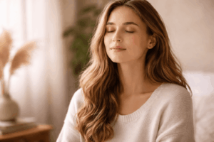Frau mit geschlossenen Augen beim bewussten Atmen, sanfte Atemübung zum Nervensystem beruhigen und Stress reduzieren