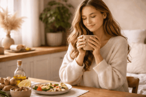 Frau sitzt entspannt am Küchentisch mit warmem Tee und gesunder Mahlzeit, natürliche Ernährung zum Nervensystem beruhigen und Entzündungen reduzieren