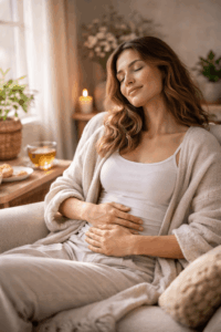 Frau sitzt entspannt mit geschlossenen Augen im warmen Licht und legt die Hände auf ihren Bauch – Symbol für Darmgesundheit Ernährung, Stressreduktion und den Zusammenhang zwischen Darm und Depression.