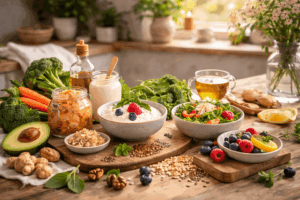 Auswahl darmgesunder Lebensmittel wie Sauerkraut, Joghurt mit Beeren, Haferflocken, Nüsse, Avocado und frisches Gemüse auf einem Holztisch – Symbol für Darmgesundheit Ernährung und darmfreundliche Ernährung bei Depression.