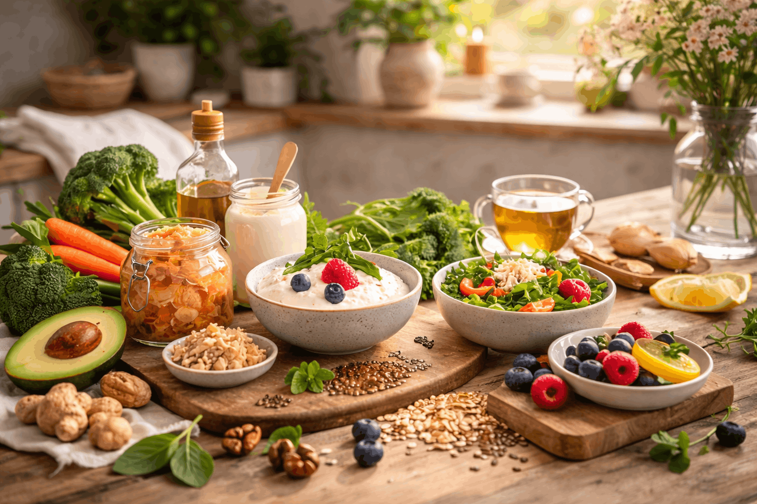 Auswahl darmgesunder Lebensmittel wie Sauerkraut, Joghurt mit Beeren, Haferflocken, Nüsse, Avocado und frisches Gemüse auf einem Holztisch – Symbol für Darmgesundheit Ernährung und darmfreundliche Ernährung bei Depression.