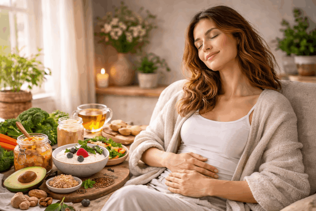 Vielfältige darmgesunde Lebensmittel wie Sauerkraut, Naturjoghurt mit Beeren, Haferflocken, Nüsse, Avocado, Brokkoli und Kräutertee auf einem Holztisch – Symbol für Darmgesundheit Ernährung und Stärkung der Darmflora bei Depression.