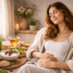 Vielfältige darmgesunde Lebensmittel wie Sauerkraut, Naturjoghurt mit Beeren, Haferflocken, Nüsse, Avocado, Brokkoli und Kräutertee auf einem Holztisch – Symbol für Darmgesundheit Ernährung und Stärkung der Darmflora bei Depression.