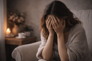 Frau sitzt mit gesenktem Kopf und verdecktem Gesicht im warmen Licht – Symbol für Depression, emotionale Belastung und den möglichen Zusammenhang zwischen Darmgesundheit Ernährung und Stimmung.