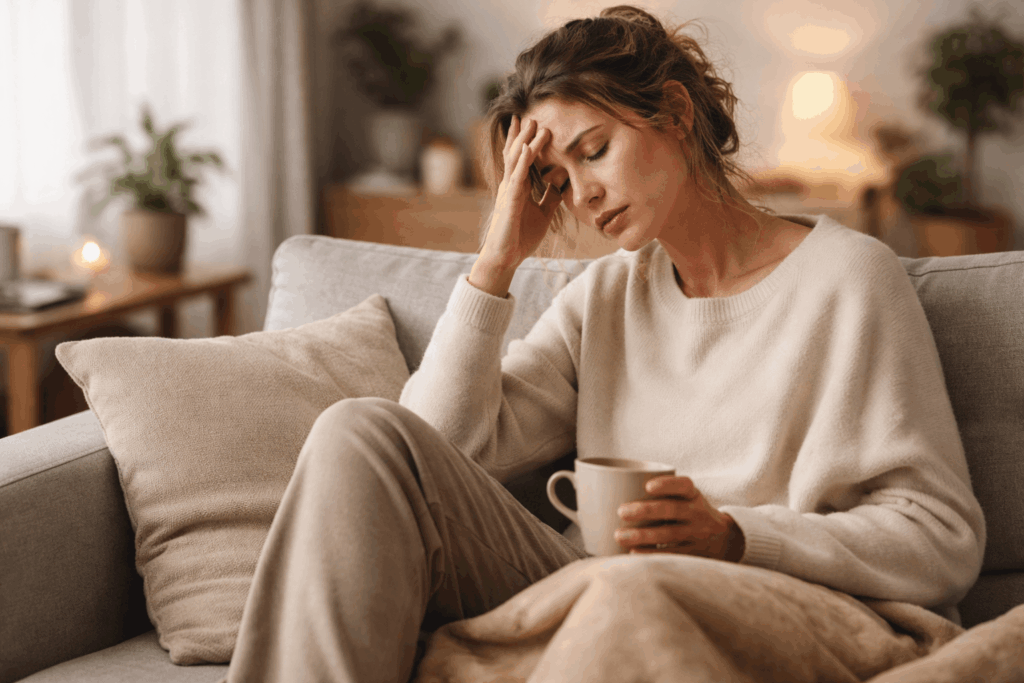 Erschöpfte Frau sitzt am Wochenende müde auf dem Sofa und hält eine Tasse in der Hand – Symbol für fehlende Regeneration und chronische Müdigkeit trotz Pause.