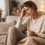 Wochenende vorbei und immer noch müde? Erschöpfte Frau sitzt am Wochenende müde auf dem Sofa und hält eine Tasse in der Hand – Symbol für fehlende Regeneration und chronische Müdigkeit trotz Pause.