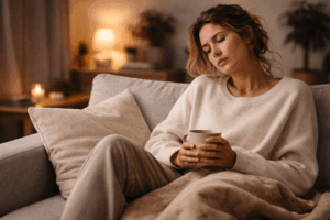 Müde Frau sitzt am Sonntagabend erschöpft auf dem Sofa mit Tasse in der Hand – fehlende Regeneration trotz Wochenende und anhaltende chronische Müdigkeit.