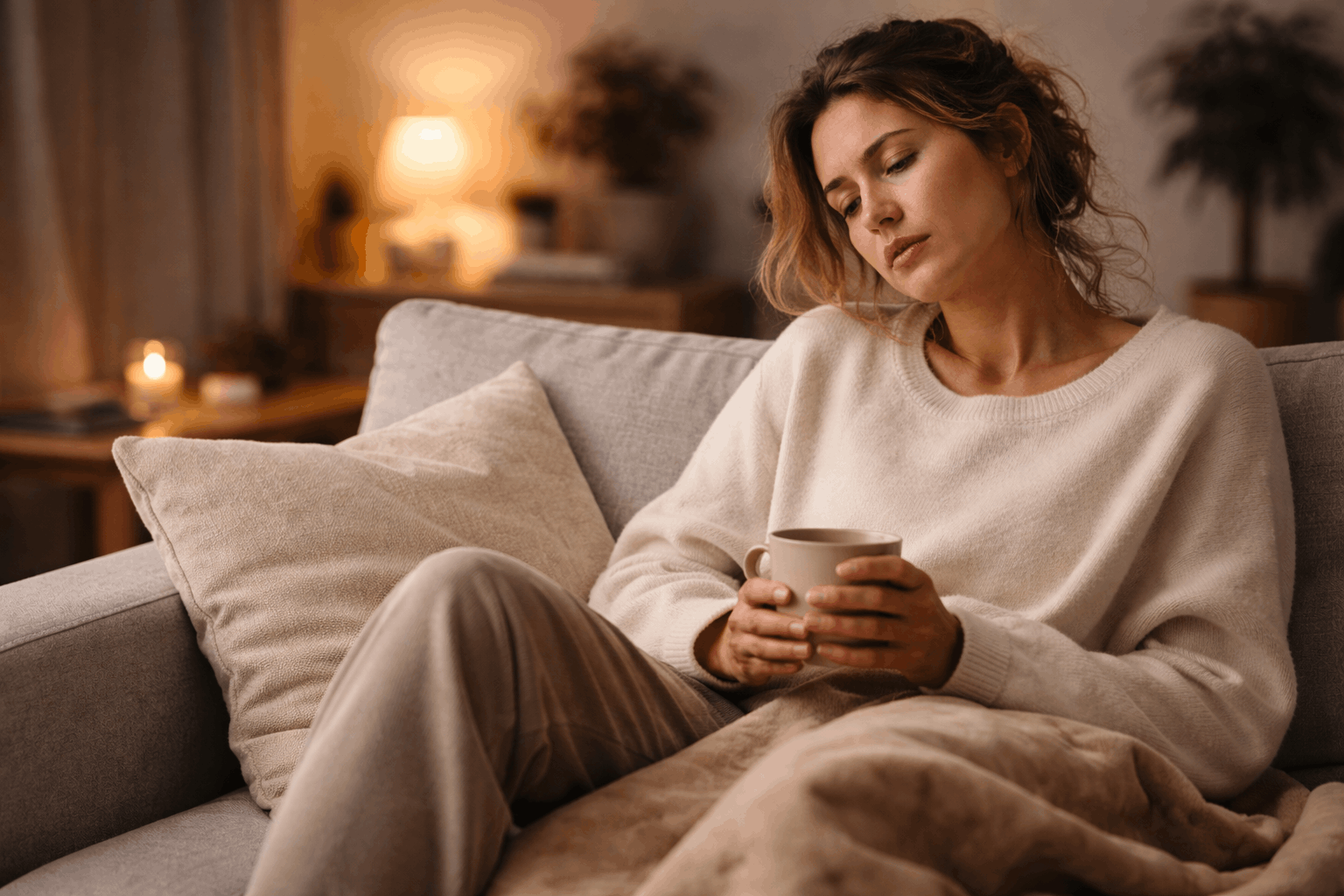 Müde Frau sitzt am Sonntagabend erschöpft auf dem Sofa mit Tasse in der Hand – fehlende Regeneration trotz Wochenende und anhaltende chronische Müdigkeit.