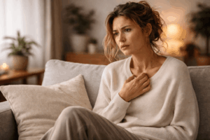 Angespannte Frau sitzt nachdenklich auf dem Sofa und berührt ihre Brust – Zeichen für Stress, überreiztes Nervensystem und fehlende Regeneration trotz Ruhe.