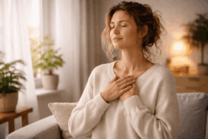 Frau steht entspannt am Fenster mit geschlossenen Augen und Händen auf der Brust – Symbol für Nervensystem regulieren, Stress abbauen und Regeneration verbessern.