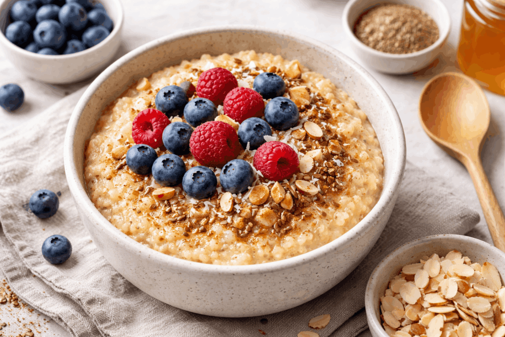 Darmfreundlicher Hirsebrei mit Beeren und Zimt in einer Schüssel – gesundes vegetarisches Frühstück mit ballaststoffreichen Zutaten