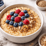 Darmfreundlicher Hirsebrei mit Beeren und Zimt Darmfreundlicher Hirsebrei mit Beeren und Zimt in einer Schüssel – gesundes vegetarisches Frühstück mit ballaststoffreichen Zutaten