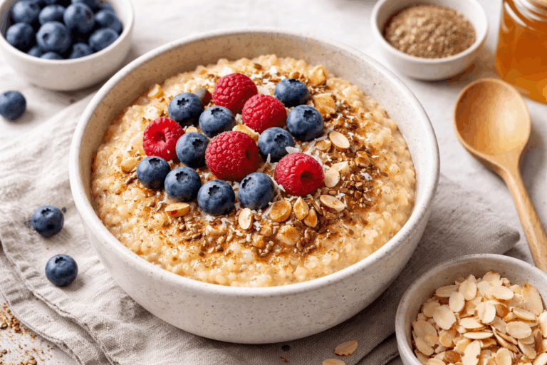Darmfreundlicher Hirsebrei mit Beeren und Zimt in einer Schüssel – gesundes vegetarisches Frühstück mit ballaststoffreichen Zutaten