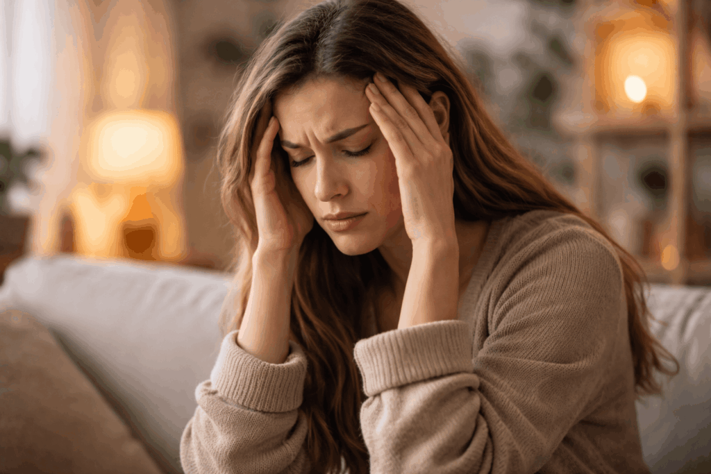 Frau mit nachdenklichem Blick und angespannten Schultern – Symbolbild für Daueranspannung und Trauma im Nervensystem