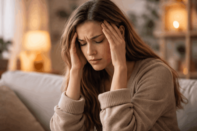 Frau mit nachdenklichem Blick und angespannten Schultern – Symbolbild für Daueranspannung und Trauma im Nervensystem