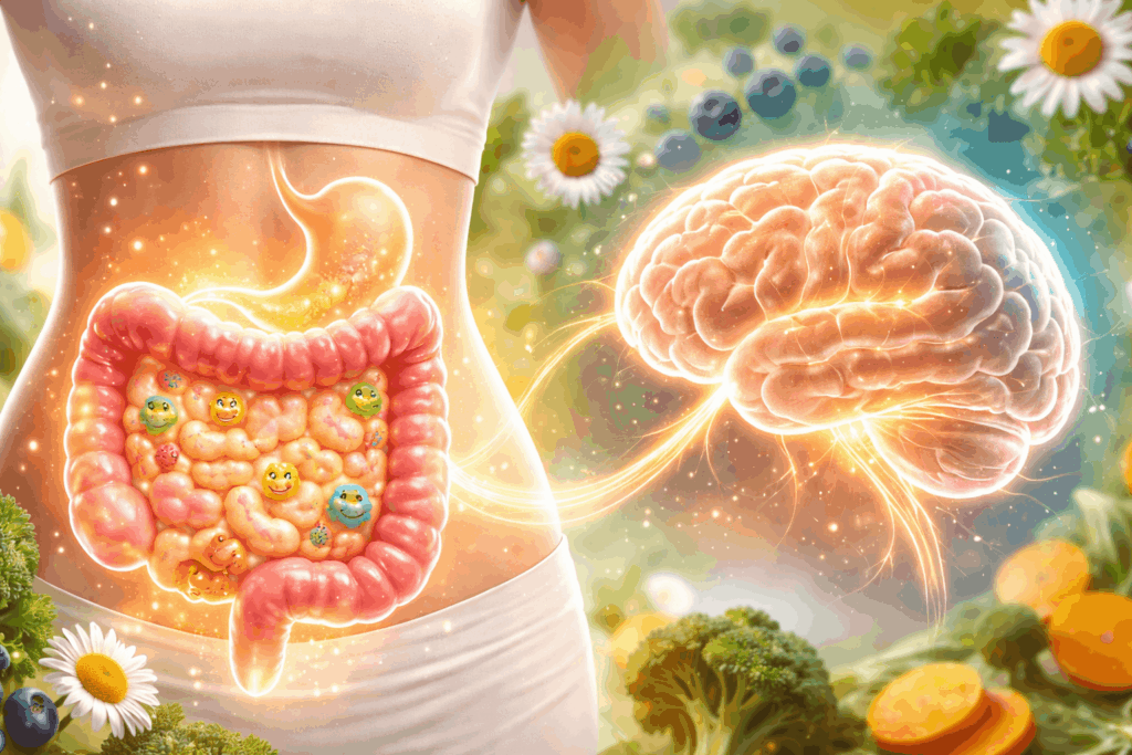 Illustration der Darm-Hirn-Achse: Verbindung zwischen Darm, Darmflora und Gehirn als Erklärung für den Einfluss von Darmgesundheit auf Psyche und Stimmung.