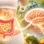 Illustration der Darm-Hirn-Achse: Verbindung zwischen Darm, Darmflora und Gehirn als Erklärung für den Einfluss von Darmgesundheit auf Psyche und Stimmung.