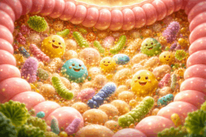 Illustration der Darmflora im Darm mit Mikroorganismen, die die Darm-Hirn-Achse zeigen und erklären, wie Darmbakterien Stimmung, Psyche und Gehirn beeinflussen.