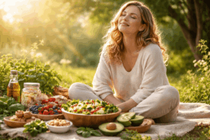 Gesunde Ernährung und entspannter Lebensstil zur Unterstützung der Darm-Hirn-Achse mit darmfreundlichen Lebensmitteln für eine gesunde Darmflora und bessere Stimmung.