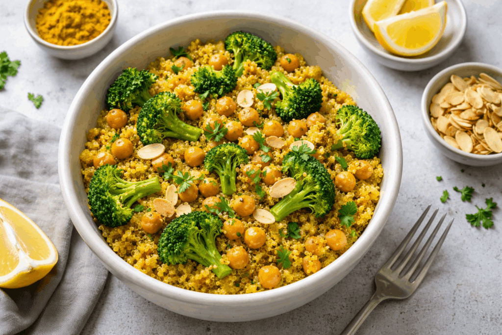 Kurkuma Quinoa mit Brokkoli und Kichererbsen – gesundes entzündungshemmendes vegetarisches Rezept in einer Schüssel mit frischem Gemüse