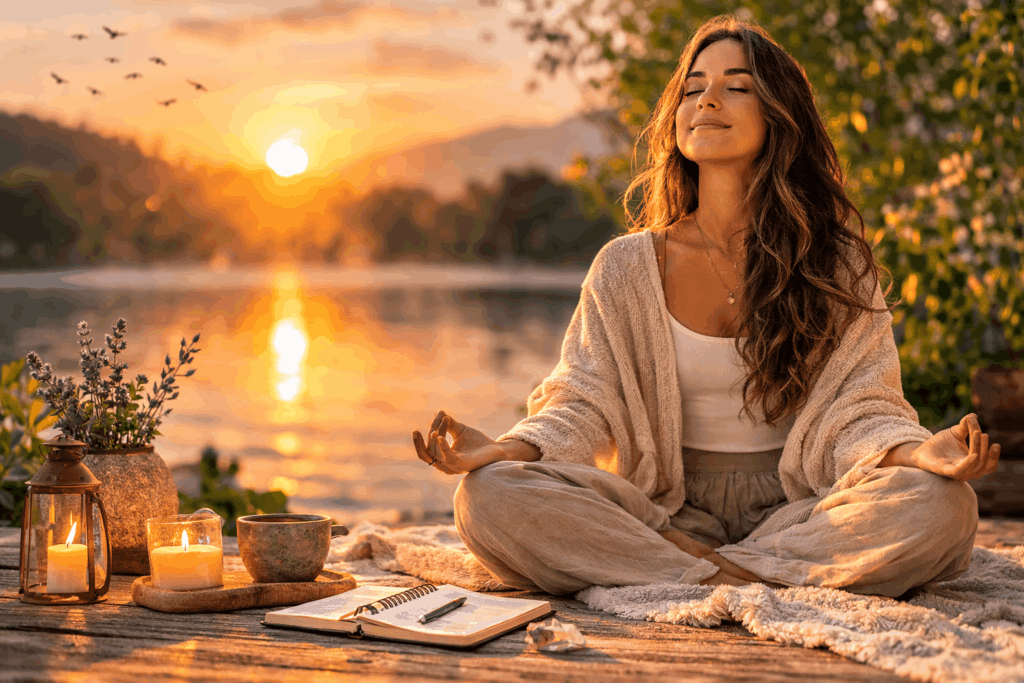 Frau meditiert ruhig bei Sonnenaufgang am See, um ihr Nervensystem zu beruhigen und Stress zu reduzieren