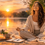 Frau meditiert ruhig bei Sonnenaufgang am See, um ihr Nervensystem zu beruhigen und Stress zu reduzieren