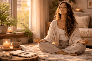 Frau sitzt entspannt im Wohnzimmer und meditiert, um ihr Nervensystem zu beruhigen und Stress zu reduzieren