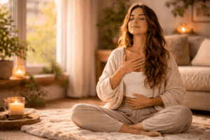 Frau macht eine ruhige Atemübung im Wohnzimmer, um ihr Nervensystem zu beruhigen und Stress zu reduzieren