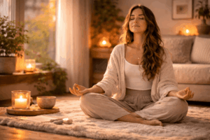 Frau meditiert entspannt im Schneidersitz bei Kerzenlicht, um ihr Nervensystem zu beruhigen und Stress abzubauen