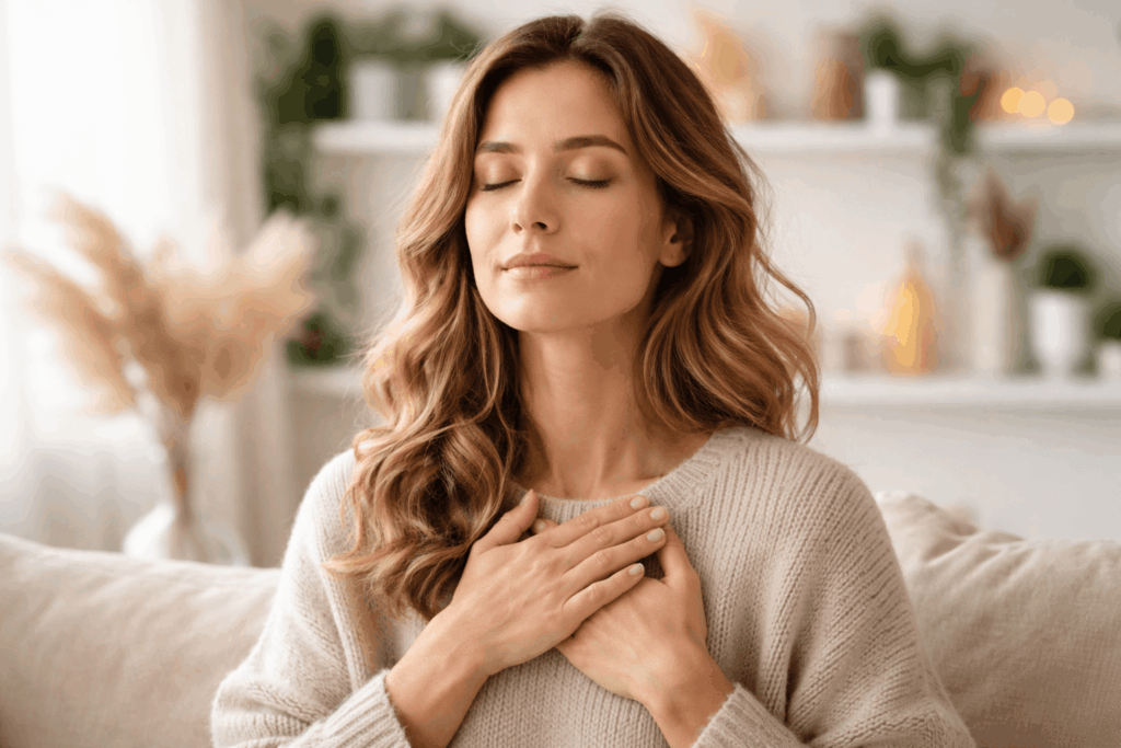 Frau sitzt ruhig mit geschlossenen Augen im warmen Licht und legt die Hand auf ihr Herz – Symbol für Nervensystem beruhigen und stressauslösende Glaubenssätze erkennen