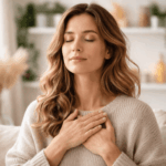 Frau sitzt ruhig mit geschlossenen Augen im warmen Licht und legt die Hand auf ihr Herz – Symbol für Nervensystem beruhigen und stressauslösende Glaubenssätze erkennen