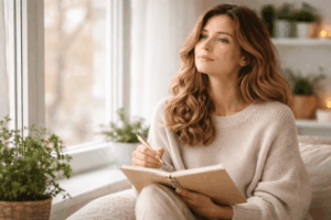 Frau sitzt am Fenster und schreibt Gedanken in ein Notizbuch – Symbol dafür, Glaubenssätze zu erkennen und das Nervensystem besser zu verstehen