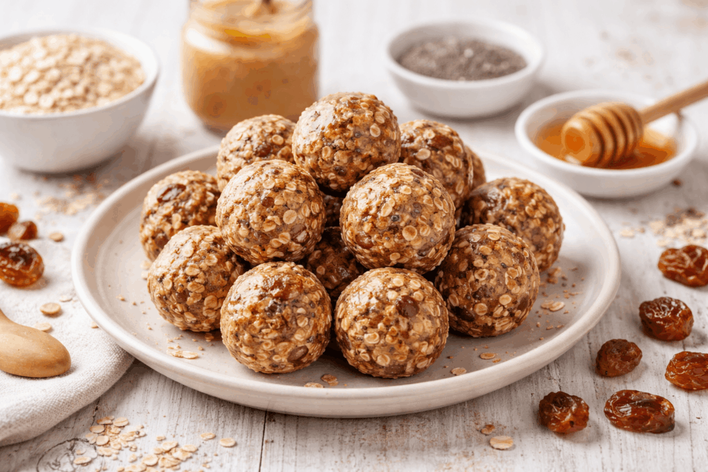 Haferflocken Energy Balls mit Datteln, Chiasamen und Mandelmus – darmfreundlicher gesunder Snack