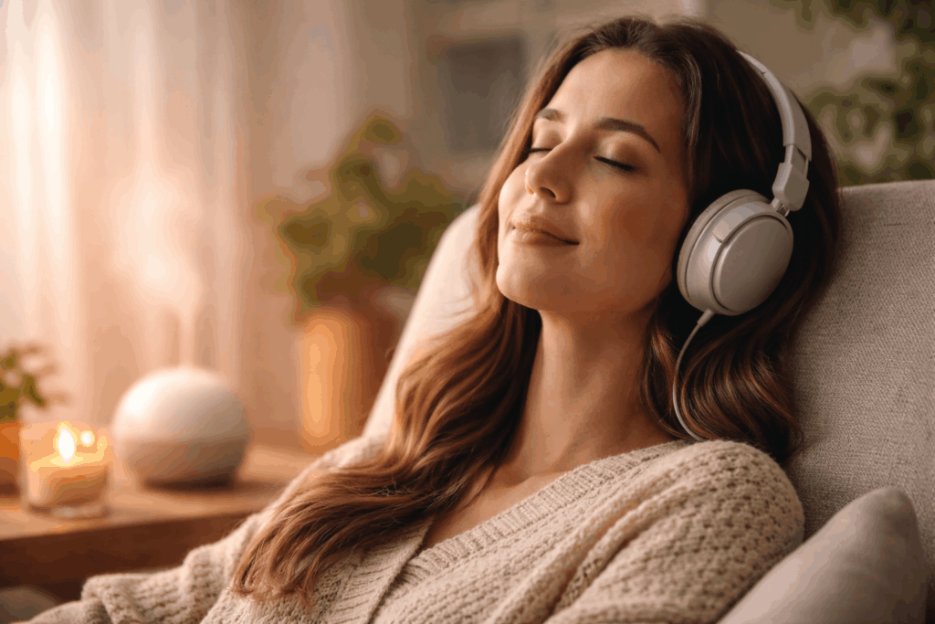 Frau mit Kopfhörern entspannt sich mit binauralen Beats und beruhigt ihr Nervensystem gegen Stress