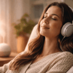 Frau mit Kopfhörern entspannt sich mit binauralen Beats und beruhigt ihr Nervensystem gegen Stress