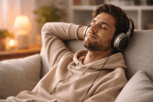 Person hört binaurale Beats mit Kopfhörern zur Entspannung und Beruhigung des Nervensystems