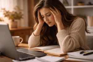 Erschöpfte Frau mit Stress sitzt überfordert am Tisch und hält sich den Kopf