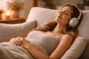 Frau meditiert mit Kopfhörern und hört binaurale Beats zur Stressreduktion